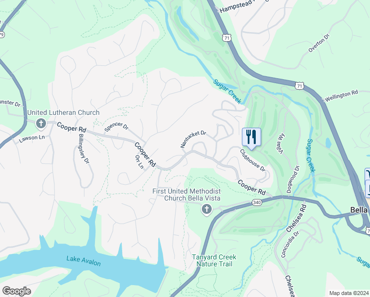 map of restaurants, bars, coffee shops, grocery stores, and more near 55 Nantucket Drive in Bella Vista