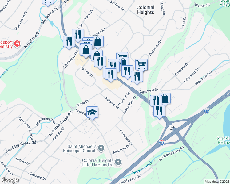 map of restaurants, bars, coffee shops, grocery stores, and more near 4321 Ridgemont Drive in Kingsport