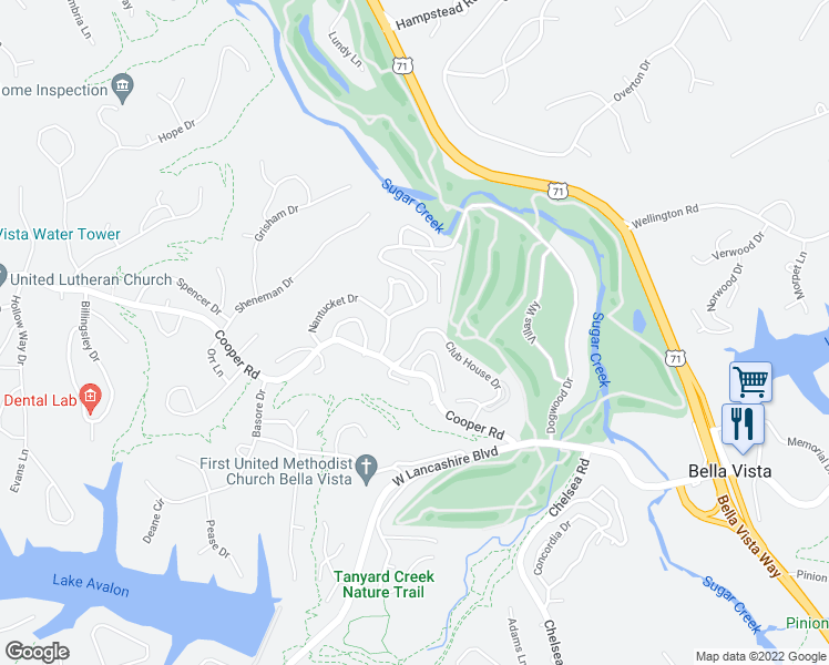 map of restaurants, bars, coffee shops, grocery stores, and more near 116 Club House Drive in Bella Vista