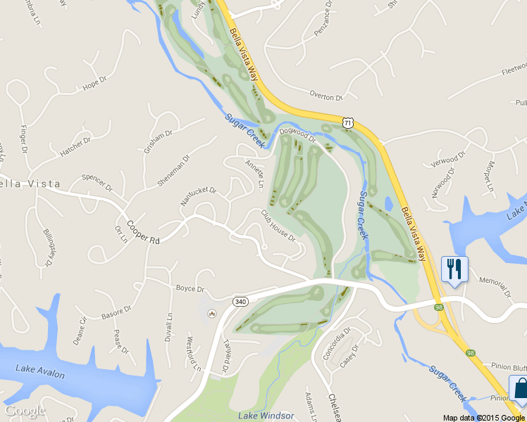 map of restaurants, bars, coffee shops, grocery stores, and more near 98 Clubhouse Drive in Bella Vista