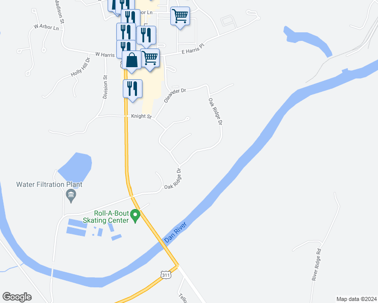 map of restaurants, bars, coffee shops, grocery stores, and more near 163 Oak Ridge Drive in Eden