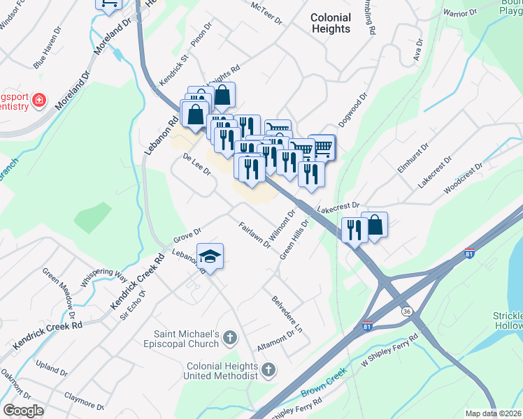 map of restaurants, bars, coffee shops, grocery stores, and more near 4321 Ridgemont Drive in Kingsport