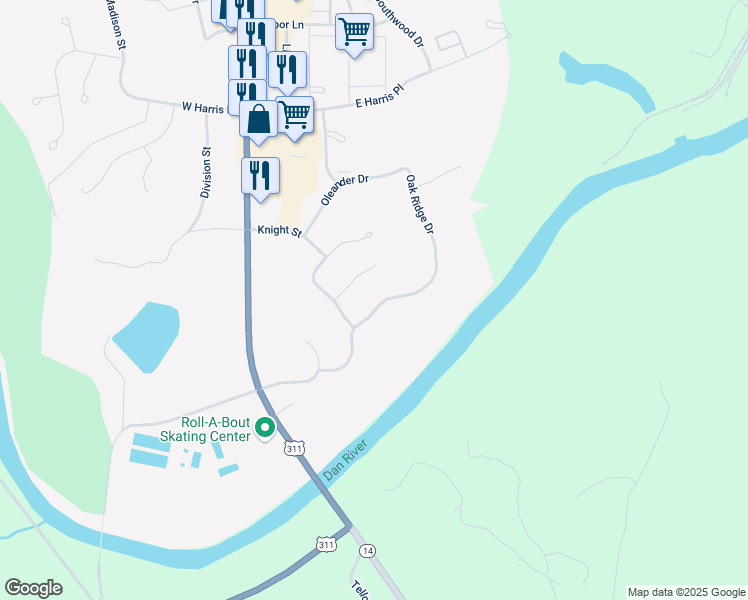 map of restaurants, bars, coffee shops, grocery stores, and more near 163 Oak Ridge Drive in Eden
