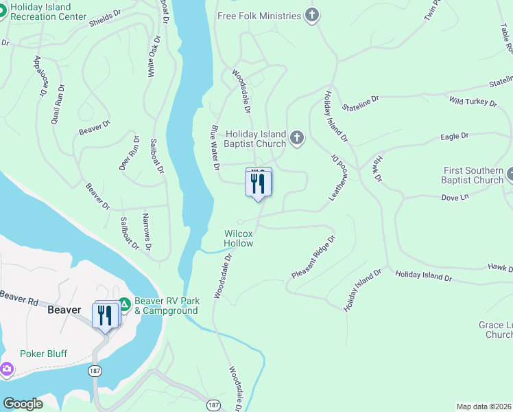 map of restaurants, bars, coffee shops, grocery stores, and more near 35 Woodsdale Drive in Holiday Island