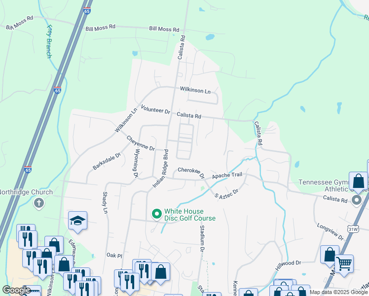 map of restaurants, bars, coffee shops, grocery stores, and more near 107 Cottage Trace in White House