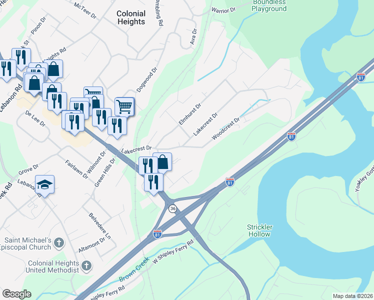 map of restaurants, bars, coffee shops, grocery stores, and more near 220 Woodcrest Drive in Kingsport