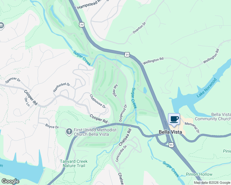 map of restaurants, bars, coffee shops, grocery stores, and more near 18 Villas Way in Bella Vista