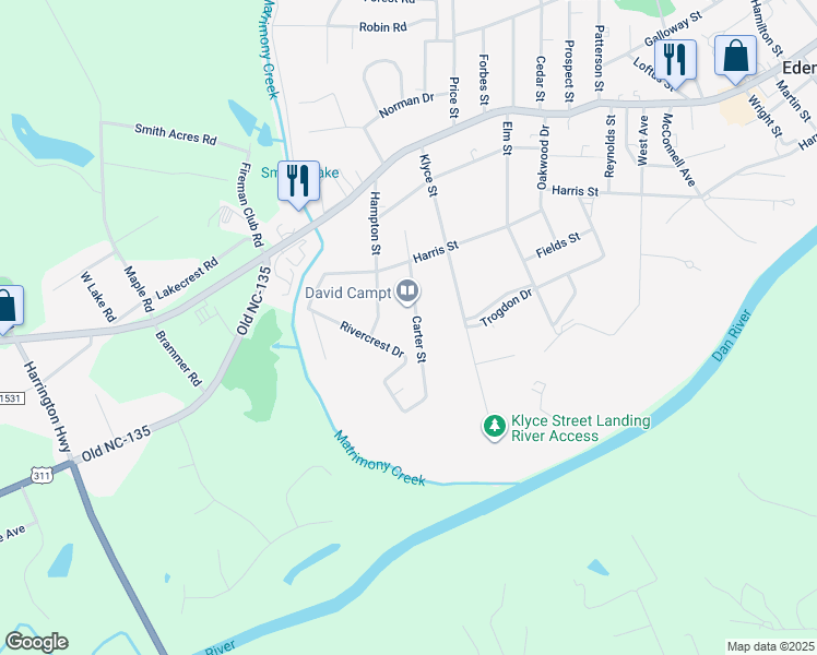 map of restaurants, bars, coffee shops, grocery stores, and more near 925 Carter Street in Eden
