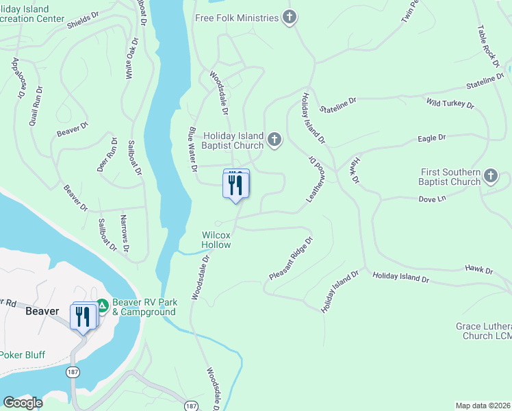 map of restaurants, bars, coffee shops, grocery stores, and more near 6 Woodsdale Drive in Holiday Island