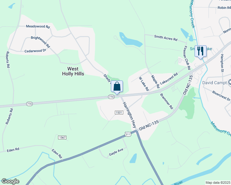 map of restaurants, bars, coffee shops, grocery stores, and more near 118 Shady Grove Road in Eden