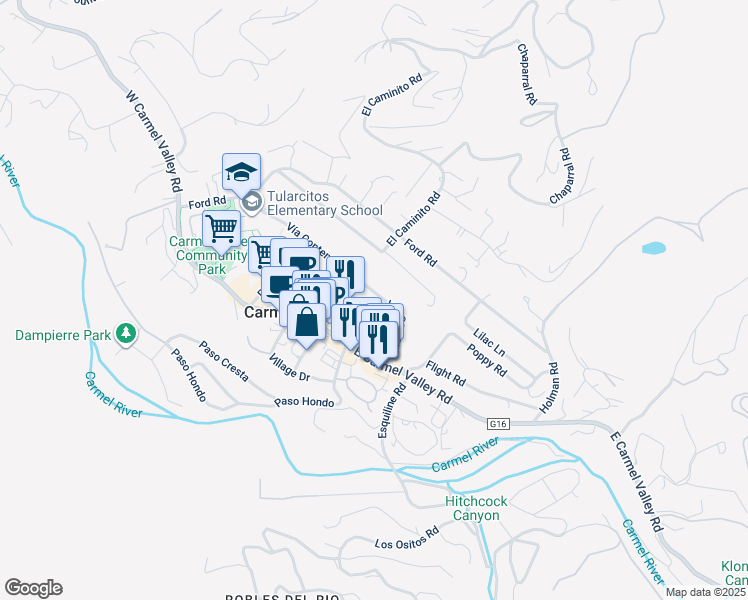 map of restaurants, bars, coffee shops, grocery stores, and more near 14 Vía Contenta in Carmel Valley