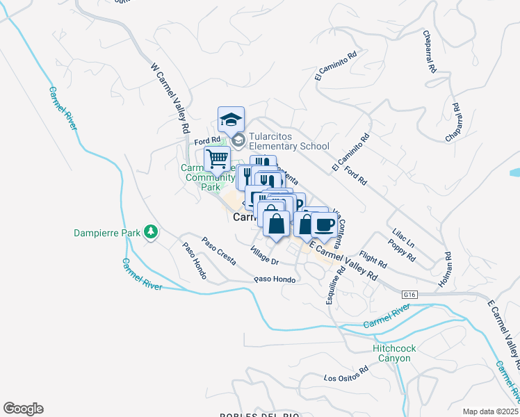 map of restaurants, bars, coffee shops, grocery stores, and more near 6 Del Fino Place in Carmel Valley