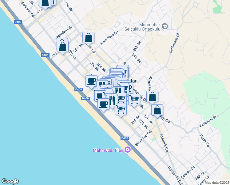 map of restaurants, bars, coffee shops, grocery stores, and more near 16 Mehmet Çakır Caddesi in Alanya