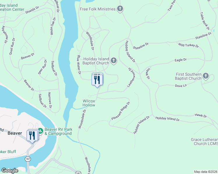 map of restaurants, bars, coffee shops, grocery stores, and more near 45-75 Leatherwood Dr in Eureka Springs