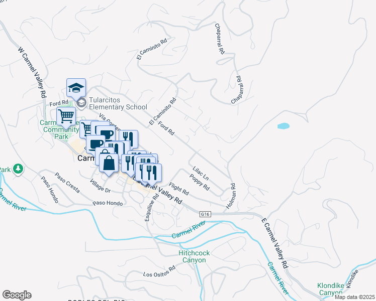map of restaurants, bars, coffee shops, grocery stores, and more near 151 Ford Road in Carmel Valley