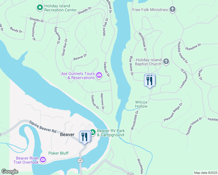map of restaurants, bars, coffee shops, grocery stores, and more near 1 Narrows Drive in Holiday Island