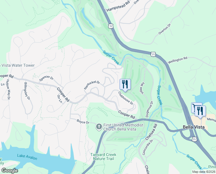map of restaurants, bars, coffee shops, grocery stores, and more near 116 Club House Drive in Bella Vista