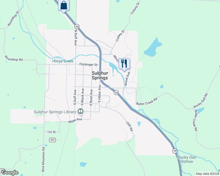 map of restaurants, bars, coffee shops, grocery stores, and more near 199 East Patterson Street in Sulphur Springs