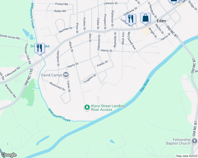 map of restaurants, bars, coffee shops, grocery stores, and more near 1119 Trogdon Drive in Eden