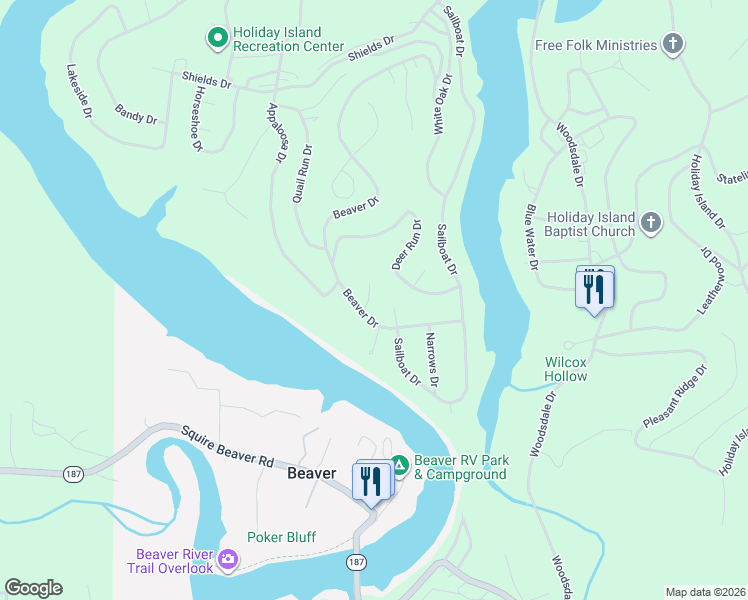 map of restaurants, bars, coffee shops, grocery stores, and more near Beaver Circle in Eureka Springs