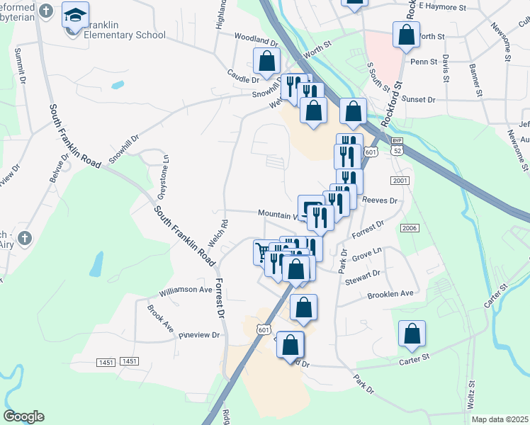 map of restaurants, bars, coffee shops, grocery stores, and more near Mountain View Road in Mount Airy