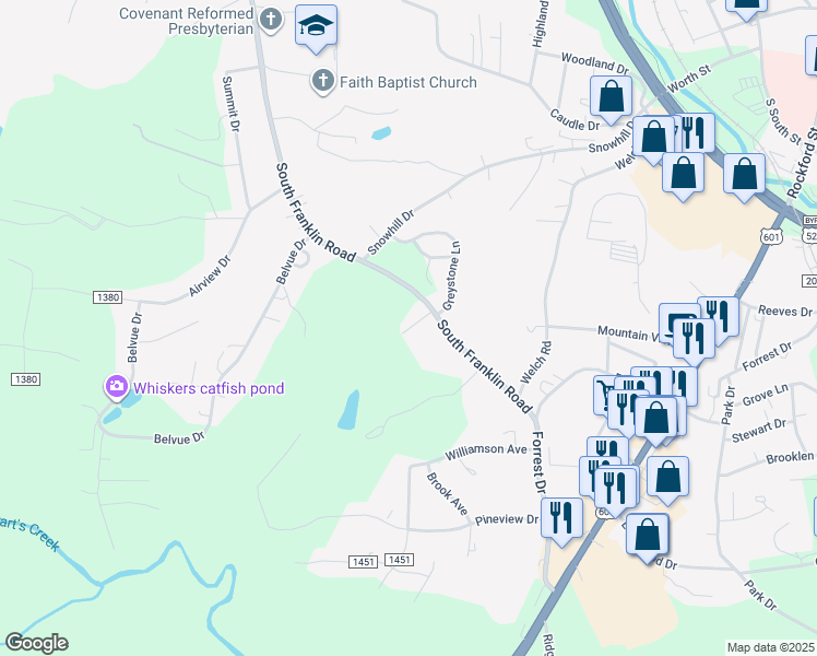 map of restaurants, bars, coffee shops, grocery stores, and more near 124 Hawaii Lane in Mount Airy