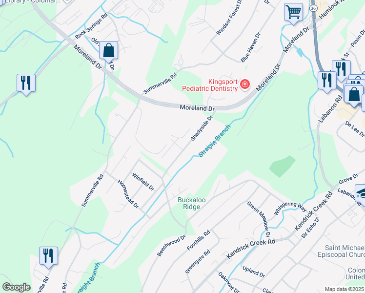 map of restaurants, bars, coffee shops, grocery stores, and more near 950 Shadyside Drive in Kingsport