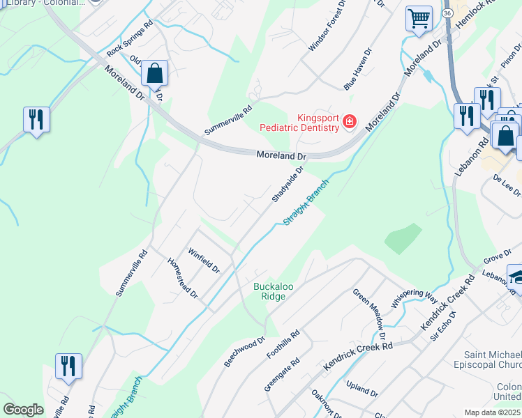 map of restaurants, bars, coffee shops, grocery stores, and more near 950 Shadyside Drive in Kingsport
