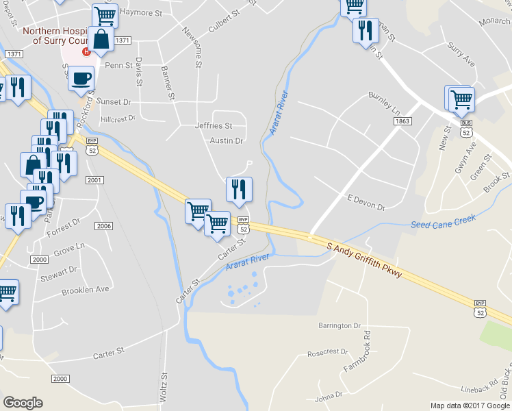 map of restaurants, bars, coffee shops, grocery stores, and more near 1293 Newsome Street in Mount Airy