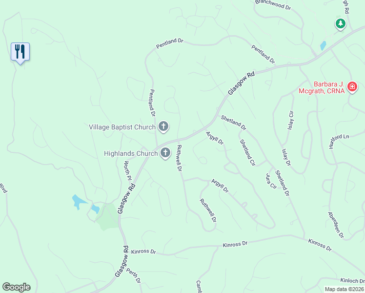 map of restaurants, bars, coffee shops, grocery stores, and more near 1 Ruthwell Drive in Bella Vista