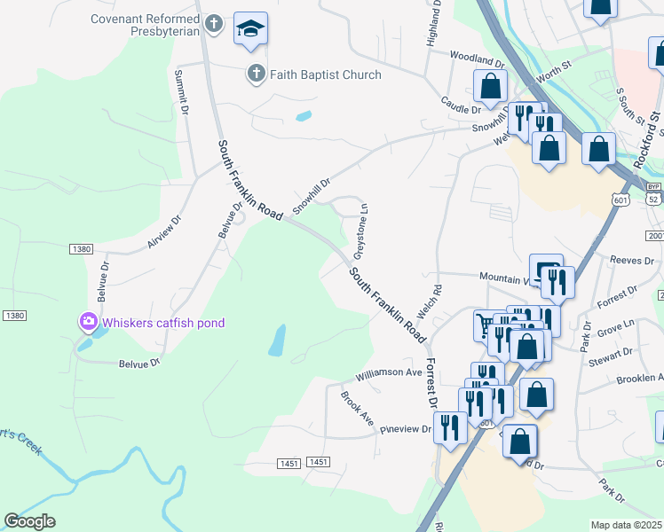 map of restaurants, bars, coffee shops, grocery stores, and more near 106 Hawaii Lane in Mount Airy