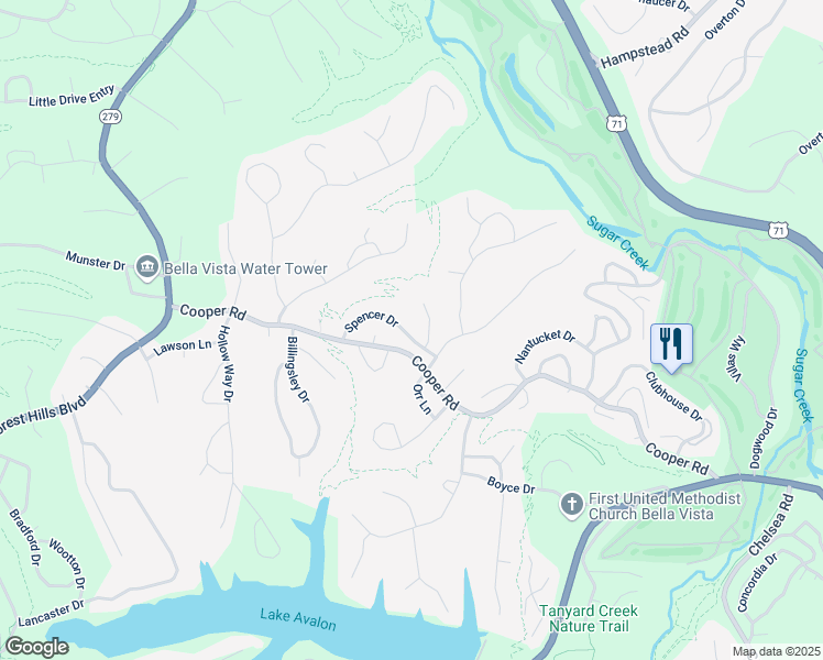 map of restaurants, bars, coffee shops, grocery stores, and more near 25 Spencer Drive in Bella Vista
