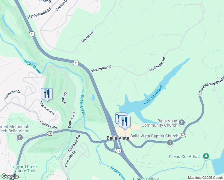 map of restaurants, bars, coffee shops, grocery stores, and more near 12 Norwood Drive in Bella Vista