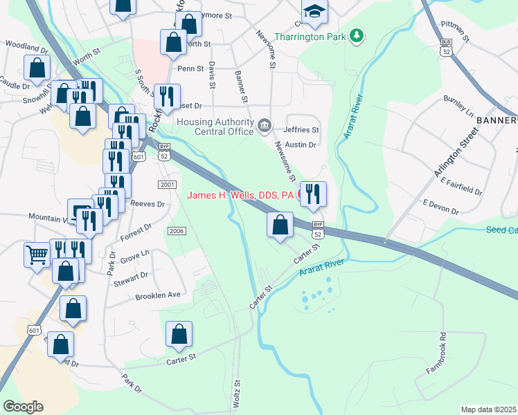 map of restaurants, bars, coffee shops, grocery stores, and more near 1032 U.S. 52 Bypass in Mount Airy