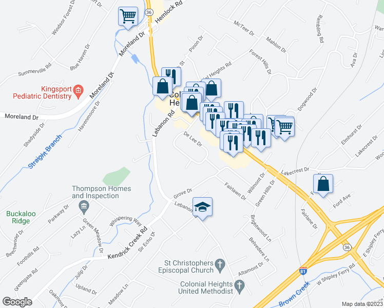map of restaurants, bars, coffee shops, grocery stores, and more near 238 De Lee Drive in Kingsport