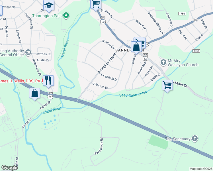 map of restaurants, bars, coffee shops, grocery stores, and more near 512 East Devon Drive in Mount Airy