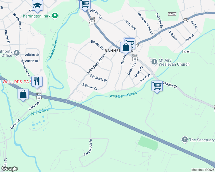 map of restaurants, bars, coffee shops, grocery stores, and more near 405 East Devon Drive in Mount Airy