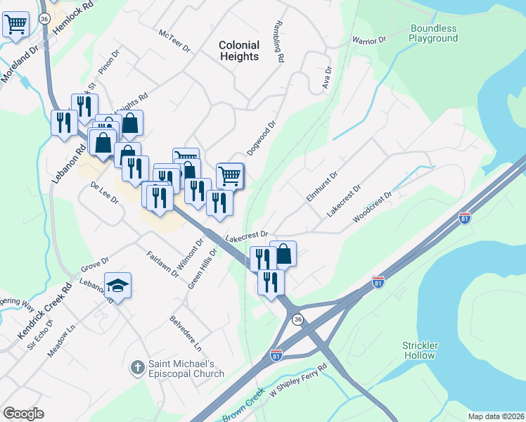 map of restaurants, bars, coffee shops, grocery stores, and more near 221 Hamilton Way in Kingsport