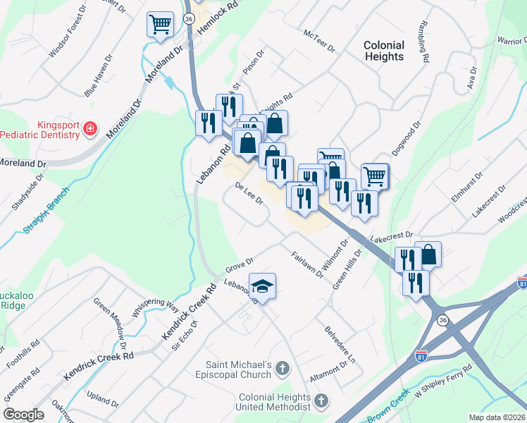 map of restaurants, bars, coffee shops, grocery stores, and more near 254 De Lee Drive in Kingsport