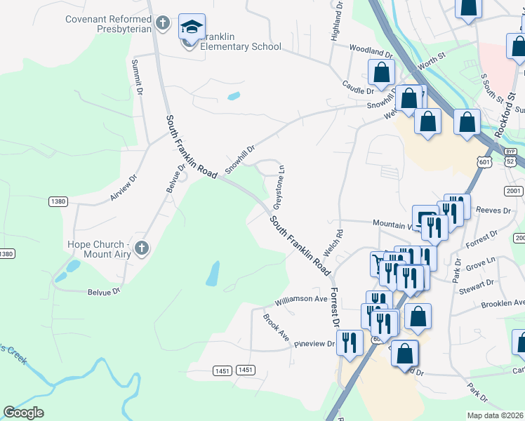 map of restaurants, bars, coffee shops, grocery stores, and more near 106 Hawaii Lane in Mount Airy