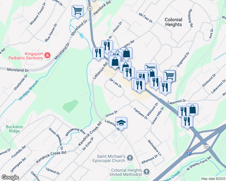 map of restaurants, bars, coffee shops, grocery stores, and more near 234 De Lee Drive in Kingsport