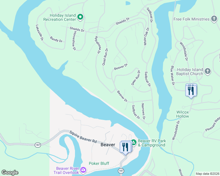 map of restaurants, bars, coffee shops, grocery stores, and more near 144 Appaloosa Drive in Holiday Island