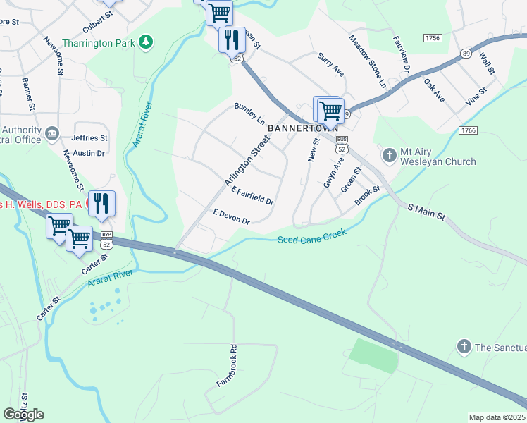 map of restaurants, bars, coffee shops, grocery stores, and more near 405 East Devon Drive in Mount Airy