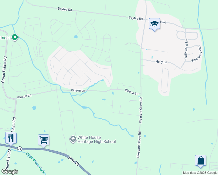 map of restaurants, bars, coffee shops, grocery stores, and more near 7556-7666 Pinson Ln in White House