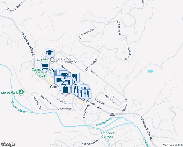 map of restaurants, bars, coffee shops, grocery stores, and more near 127 Ford Road in Carmel Valley