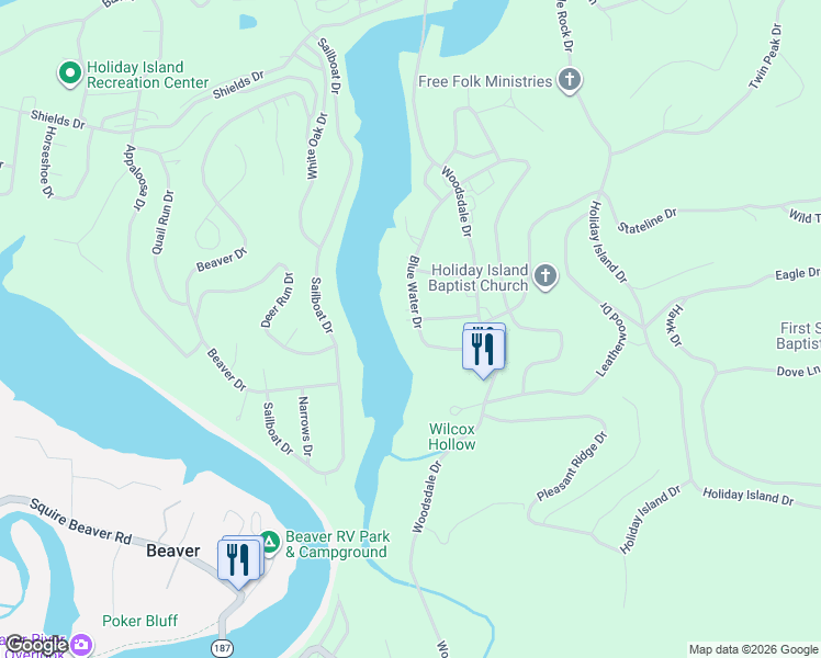 map of restaurants, bars, coffee shops, grocery stores, and more near 43 Blue Water Drive in Holiday Island