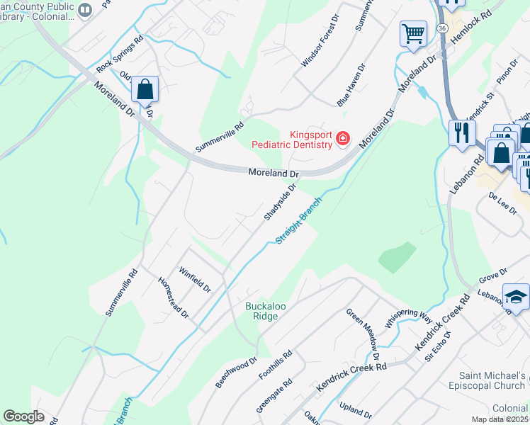 map of restaurants, bars, coffee shops, grocery stores, and more near 950 Shadyside Drive in Kingsport
