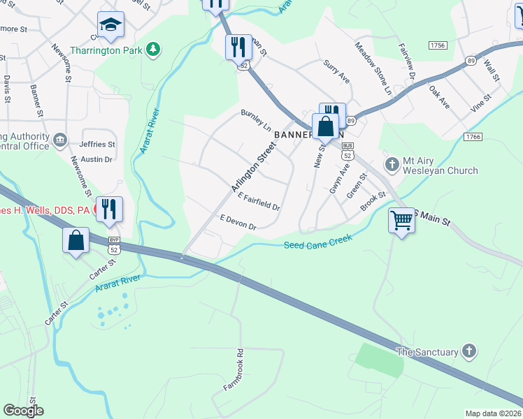 map of restaurants, bars, coffee shops, grocery stores, and more near 512 East Devon Drive in Mount Airy