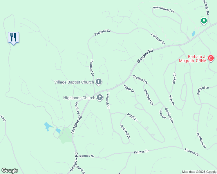 map of restaurants, bars, coffee shops, grocery stores, and more near 1 Ruthwell Drive in Bella Vista