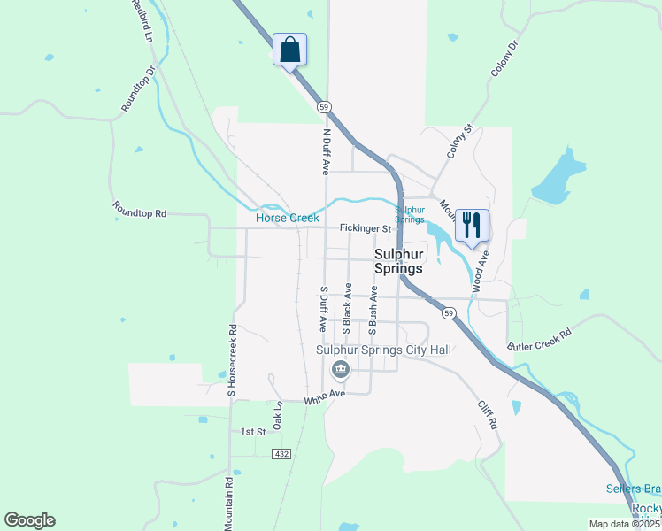 map of restaurants, bars, coffee shops, grocery stores, and more near 319 West Spring Street in Sulphur Springs